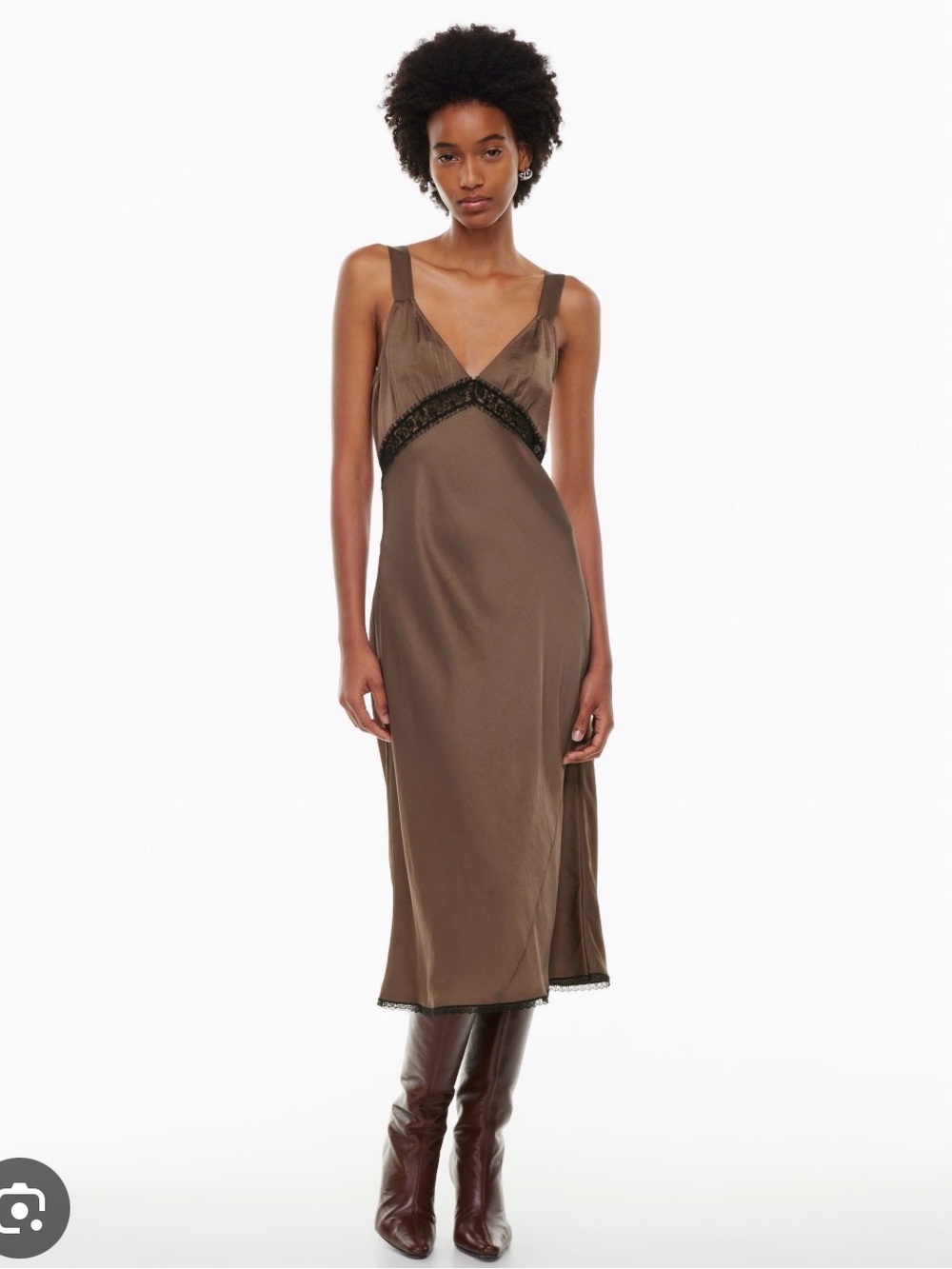 BNWT Brown Aritzia Twilight Slip Dress with Black Lace Trim